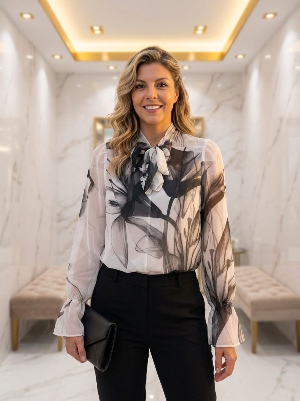 White House Black Market Black and White Sheer Floral Tie-Neck Blouse